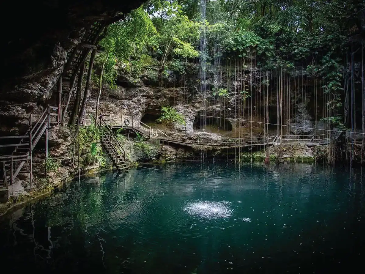 Beautiful cenote surrounded by nature in Cancun