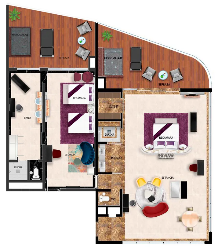 Floor plan Two bedroom master mousai suite south floor plan